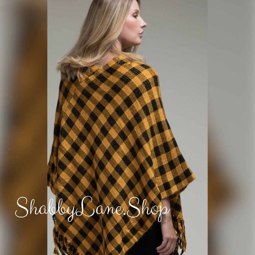 Buffalo plaid poncho with fringe- mustard